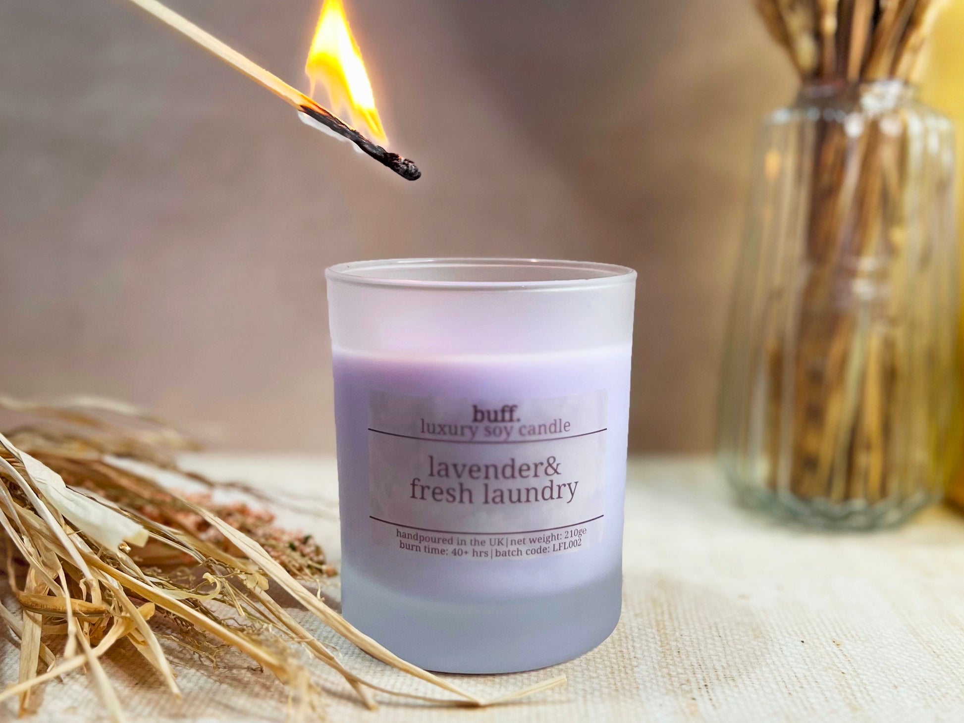 Lavender and Fresh Laundry soy wax candle in frosted glass
