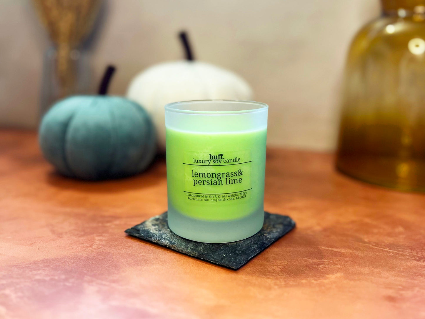 Green lemongrass and Persian lime soy wax candle in frosted glass