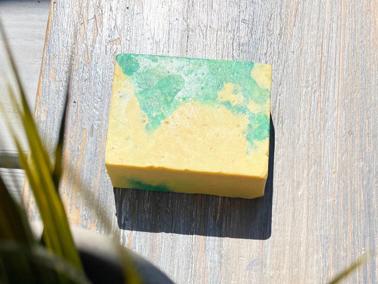 Yellow and green soap with exfoliating apricot powder  handmade and home made vegan soap bar with no palm oil