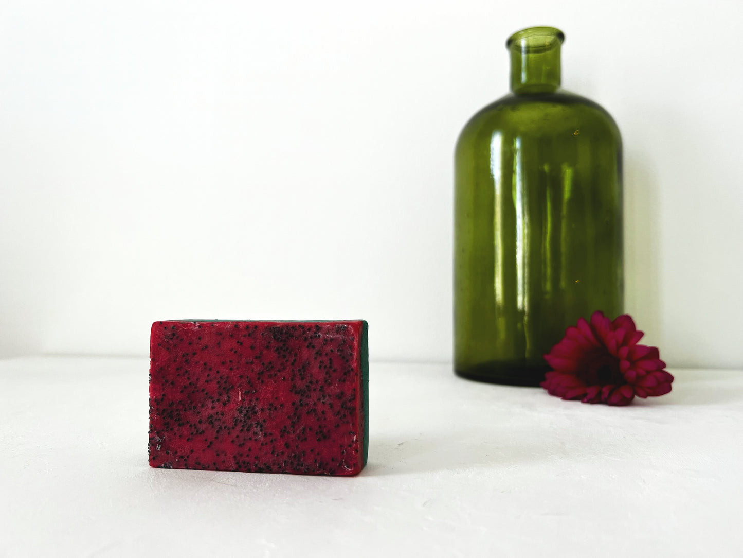 Red and black watermelon with exfoliating poppy seeds,  handmade and home made vegan soap bar with no palm oil