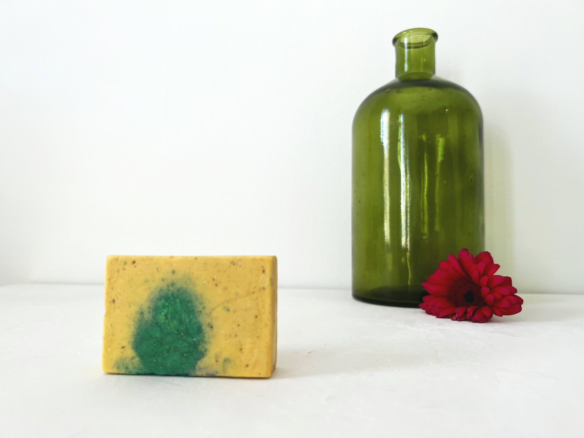 Yellow and green soap with exfoliating apricot powder  handmade and home made vegan soap bar with no palm oil